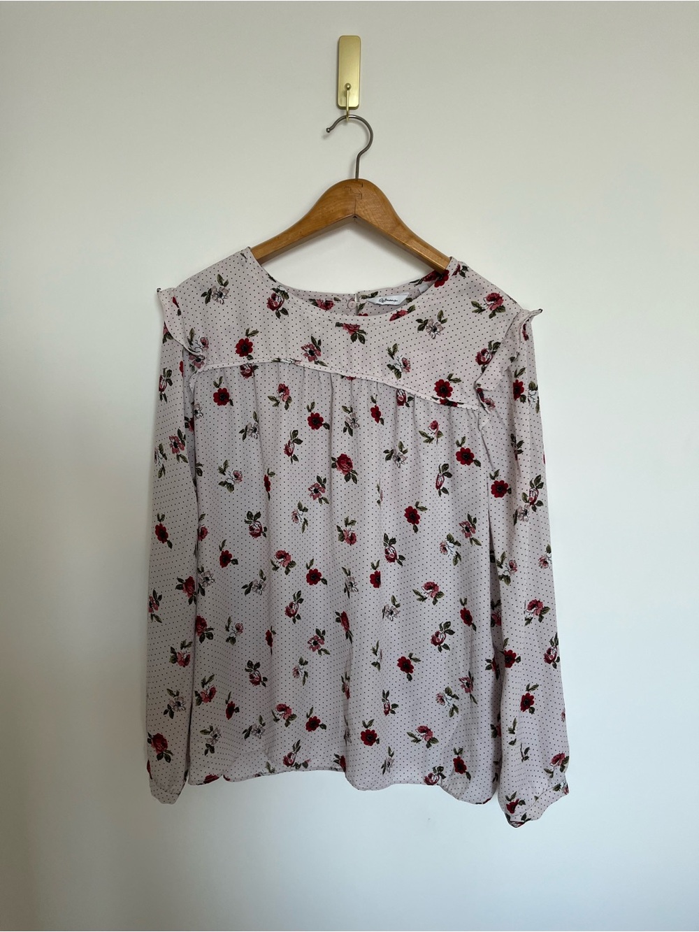 Reitmans Floral Long-Sleeve Ruffle Yoke Blouse - Pink red roses